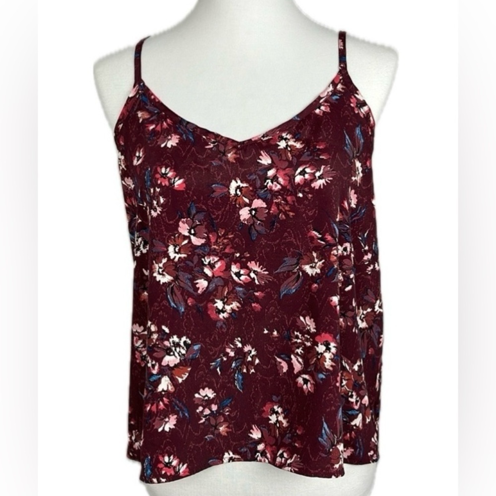 Hollister Bordeaux Floral Print V-Neck Camisole Top Sz M Romantic Office Career